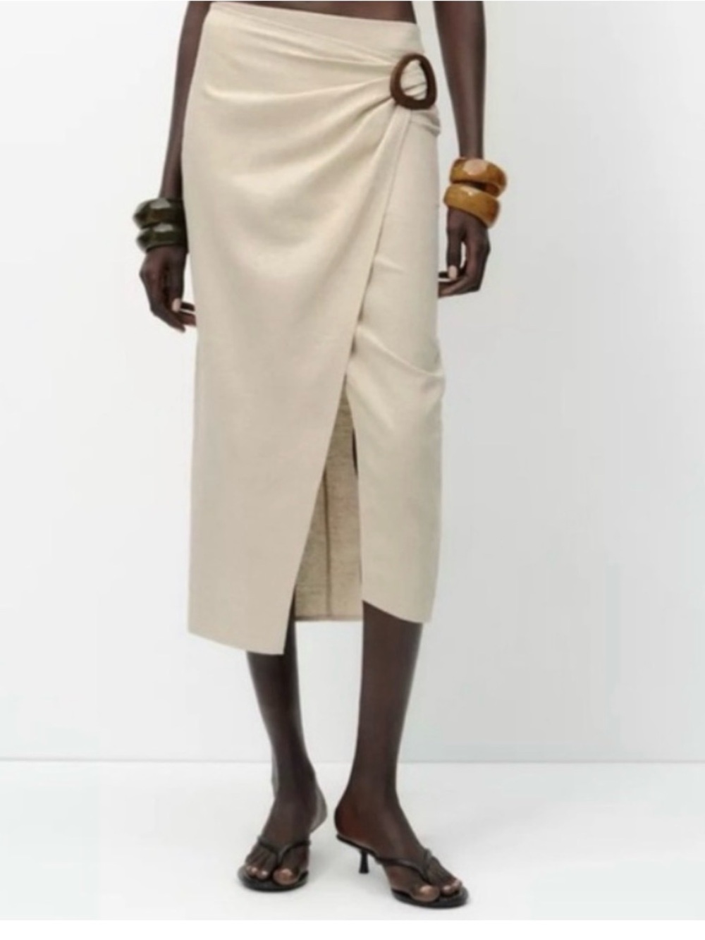 Zara Cream Wrap Midi Skirt with Buckle